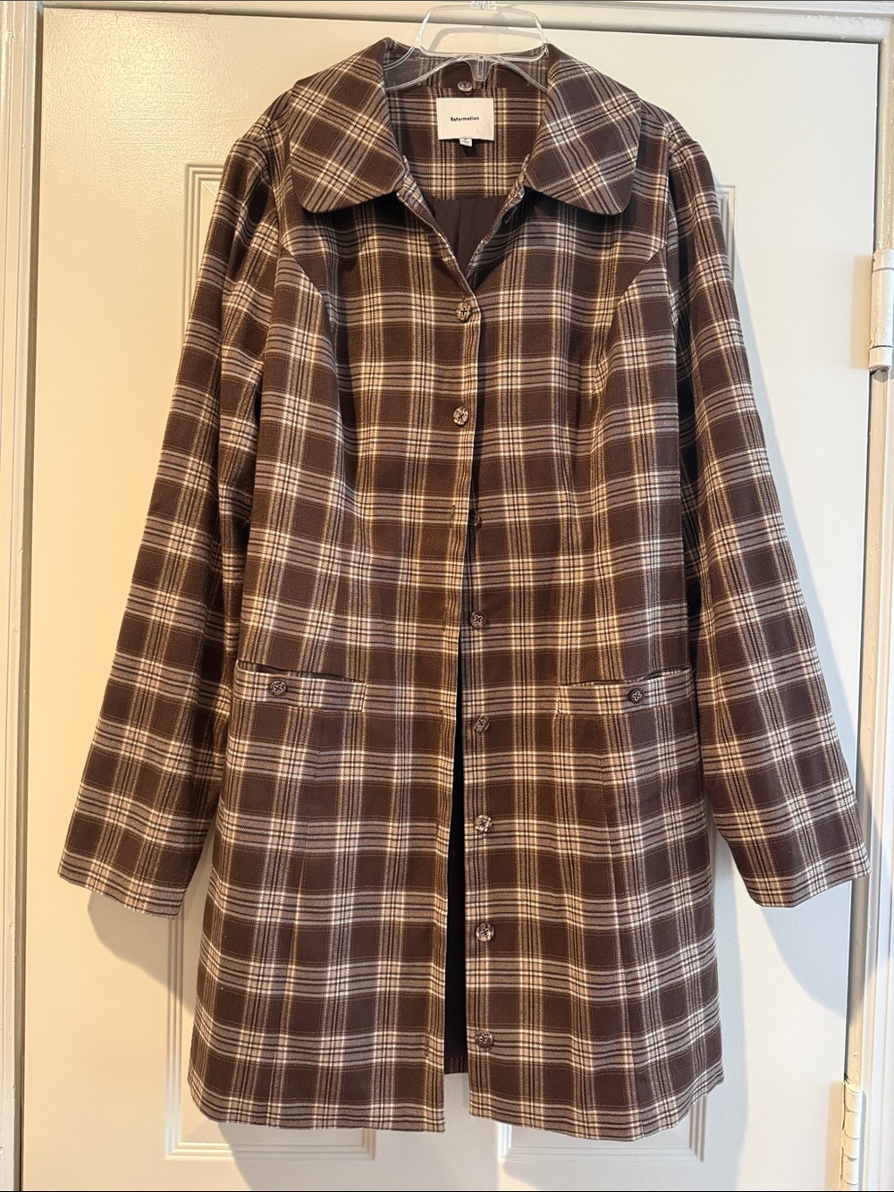 Reformation Brown Cream Plaid Button-Front Long Country Preppy Equestrian Mod 10